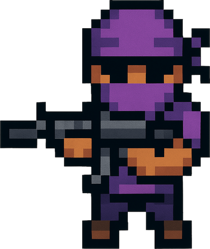 pandillero de morado hecho con pixeles. con perspectiva desde arriba visto de frente apuntando con un m4
In-Game asset.  2d.  High contrast.  No shadows