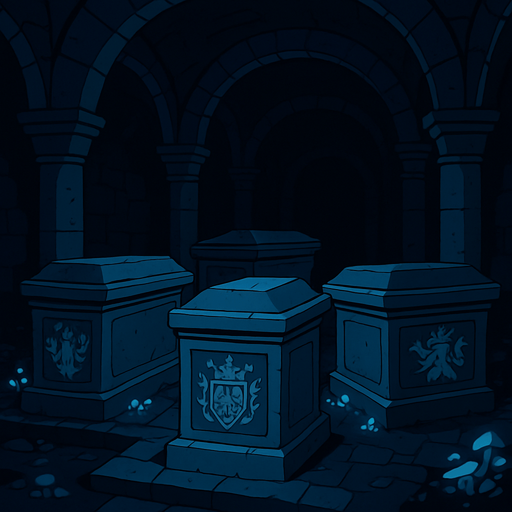 A sacred royal crypt deep underground, stone tombs with carved family crests, faint blue glow from fungi, complete silence.
In-Game asset.  2d.  High contrast.  No shadows