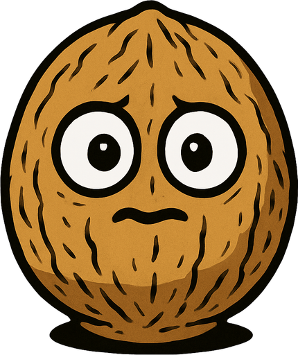 Nuez de color marrón claro, con una textura rugosa que le da un aspecto robusto. Es de forma ovalada, ligeramente más ancha en la base. Tiene dos ojos grandes y blancos con pupilas negras, que miran hacia adelante, y una boca pequeña y sonriente que le da una expresión algo asustadiza o sorprendida..
In-Game asset.  High contrast.  No shadows