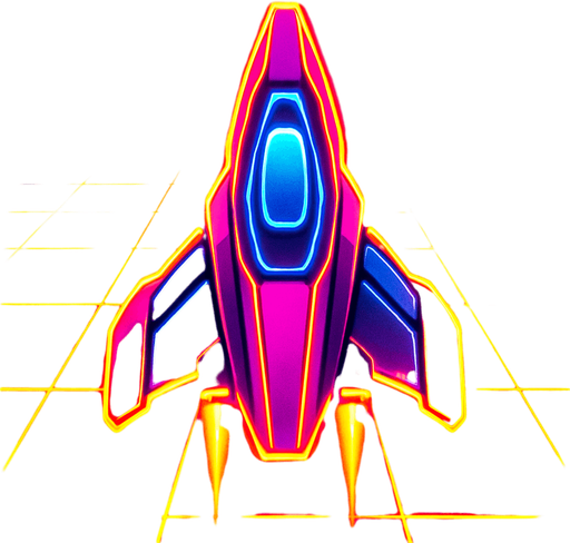synthwave bright neon glow audiosurf or f-zero like ship
In-Game asset.  2d.  High contrast.  No shadows. facing upright vertical 3d like