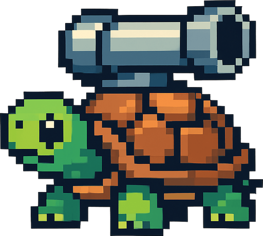 a turtle with a canon on her shell, pixelart.
In-Game asset.  2d.  High contrast.  No shadows