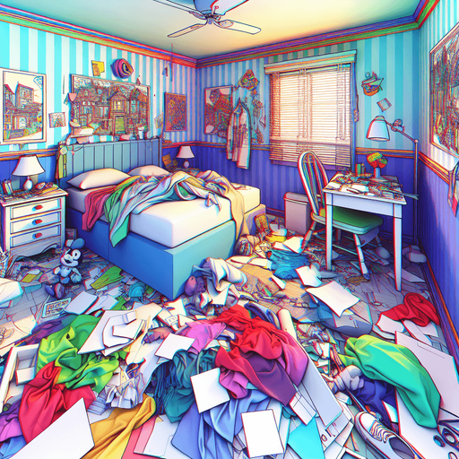 dağınık bir yatak odası, odanın içinden görünüm 3d renkli, çizgi film