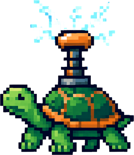 a turtle with a tesla tower on her shell, pixelart.
In-Game asset.  2d.  High contrast.  No shadows
