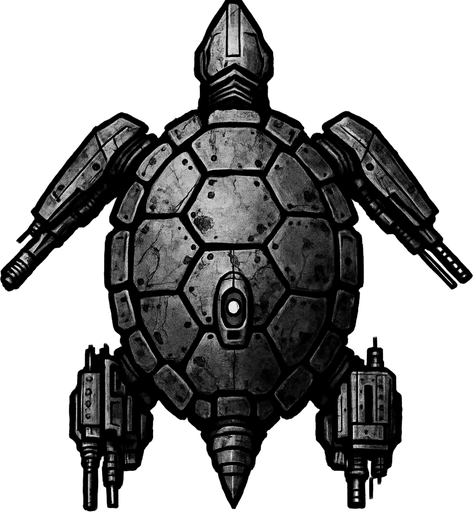 vertical top down gray burn robotic turtle scifi war submarine.
In-Game asset.  2d.  High contrast.  No shadows