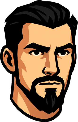 handsome, black hair, goat beard man head.
In-Game asset.  2d.  High contrast.  No shadows