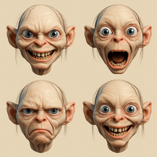 3D Scary but funny and cute face meme of gollum. only face, different faces look.
In-Game asset.  3D.  High contrast.  No shadows. only face