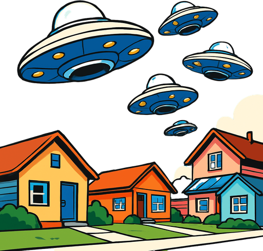 "Small UFO saucers descending over suburban neighborhood, cartoon style, dramatic lighting, shadows cast on lawns, retro sci-fi aesthetic, colorful houses below, comic book illustration style, dynamic angle looking up""cartoon style," "comic book illustration," "clean vector art,".
In-Game asset.  2d.  High contrast.  No shadows