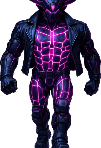 Black leather biker jacket longsleeves bare segmented neon cyberpunk pecs abs muscles robot monster hunk Neon cyberpunk 3d hologram corporate occult demon android mecha robot sentinel guard soldier machine monster fully in frame no part cut off no background anime futuristic Background removed, "Full-body character, entirely in frame, no cropping of face, head, or feet" "Complete character visible, from head to toe, fully centered in the image" "Entire character, including face and boots, fully within the frame" Character fully contained within a square frame, no edges cut off  horns through boots Walking animation forward