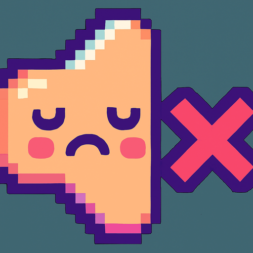 A small and cute pixel art icon representing sound off, designed for a 2D game UI. The icon shows the same round speaker, but now with a sad or sleepy face and a small red X or mute symbol on it. The sound waves are gone or faded out. The color palette is still colorful, using soft reds and purples. The style is playful, chibi, and pixel art, fitting a cute arcade game interface.