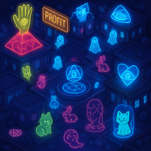 Top down isometric neon cyberpunk spooky ghost town street village town layout glowing holograms ghosts magic sigils kawaii animals