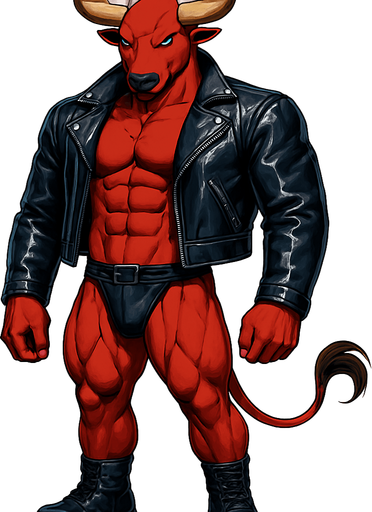 idle animation hunky Minotaur man Cyberpunk manga, minotaur monster hunk, shiny black leather biker jacket longsleeves shirtless muscles, jockstrap combat boots, Background removed, "Full-body character, entirely in frame, no cropping of face, head, or feet" "Complete character visible, from horns to hooves, fully centered in the image" "Entire character, including face and boots, fully within the frame" Character fully contained within a square frame, no edges cut off fashion model idle pose