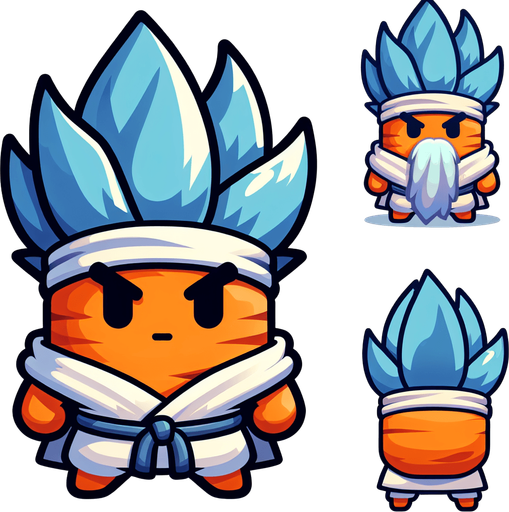 Design a 2D flat vector illustration of a short, carrot-shaped kung-fu master. The compact orange carrot body tapers neatly but is more compressed, emphasizing its chubby and endearing proportions. It features spiky blue Saiyan-style hair on top, radiating energy, and a long flowing white beard that signifies wisdom. A martial arts belt is tied around its middle, and a snug bandana completes its disciplined look. With sharp, focused eyes and a determined expression, it stands on two small, rounded feet, blending cuteness with a commanding presence..
Single Game Texture. In-Game asset. 2d. Blank background. High contrast. No shadows.