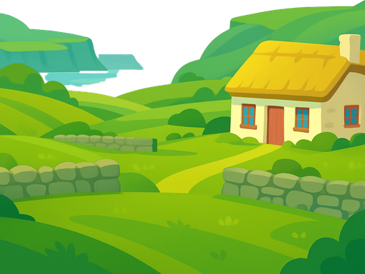 A 2D cartoon-style background inspired by the scenic countryside of Ireland. Include lush green rolling hills, stone fences, a small traditional Irish cottage with a thatched roof, and distant cliffs near the sea. Add a cloudy sky with a soft glow, and maybe a faint rainbow. Style it in vibrant, game-friendly vector or flat cartoon style. Perfect for a mobile music game featuring traditional Irish instruments. Export as a wide image (1920x1080) with no text or characters — just background..
In-Game asset.  2d.  High contrast.  No shadows