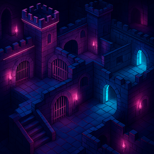 Top down isometric neon cyberpunk castle dungeon background large