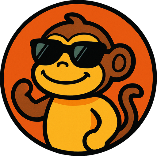 un monito en una imagen redonda, el monito lleva gafas de sol, es de plastico y tiene una sonrisa.
In-Game asset.  2d.  High contrast.  No shadows