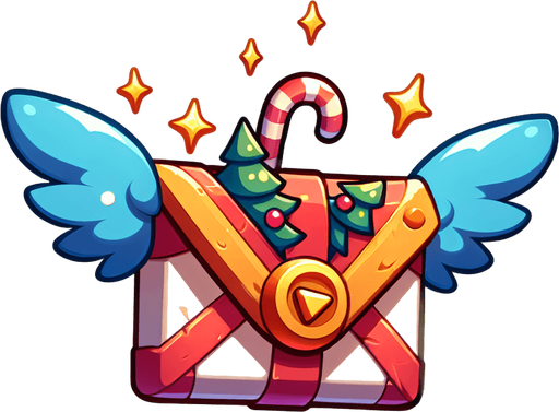 flying envelope with wings, christmas style, cartoon Single Game Texture. In-Game asset. 2d. Blank background. High contrast. No shadows.