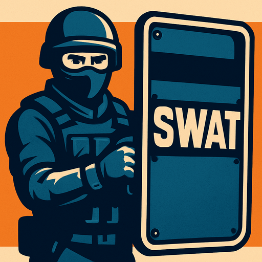 holding shield swat.
In-Game asset.  2d.  High contrast.  No shadows. panaromic