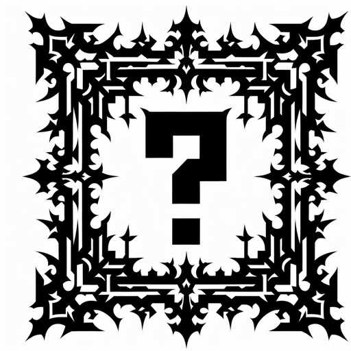 black gothic frame with a question mark inside silhouette.
Single Game Texture. In-Game asset. 2d. Blank background. High contrast. No shadows.