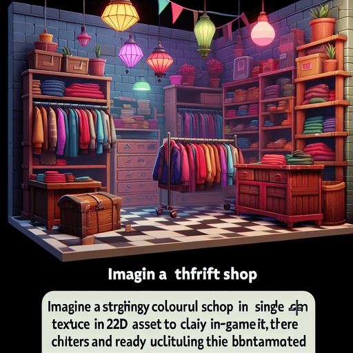 colourful thrift shop background.
Single Game Texture.  In-Game asset.  2d.  Blank background.  High contrast.  No shadows
