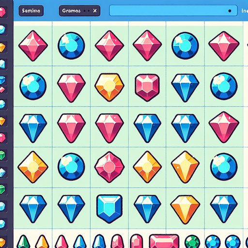 Match 3 gem sprite sheet.
Single Game Texture. In-Game asset. 2d. Blank background. High contrast. No shadows.