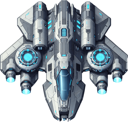 A 2D top-down view of a futuristic player spaceship with a streamlined silver and blue body, glowing thrusters, and dual laser cannons. The design is sleek and modern for a space shooter game.
Single Game Texture.  2d.  Blank background.  High contrast.  No shadows