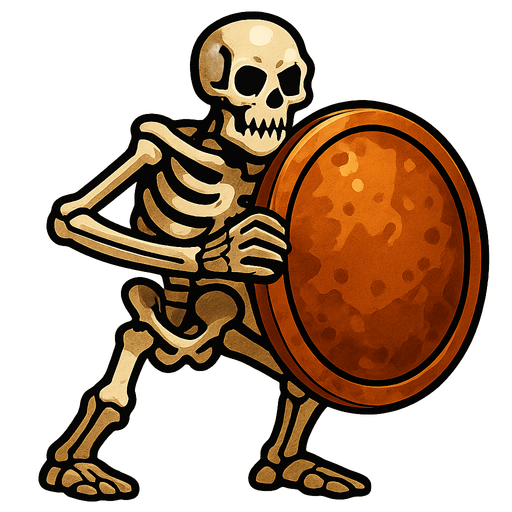 Skeleton holding a big copper shield with both hands.
In-Game asset.  2d.  High contrast.  No shadows