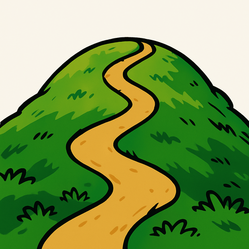 Cima de una colina redondeada con un sendero que lleva a la cima, mucho césped.
In-Game asset.  2d.  High contrast.  No shadows