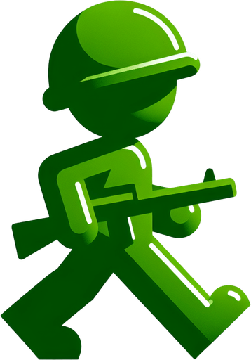 Profil view of a little green soldier toy, walking. no background . no floor. In-Game asset. 2d. Blank background. High contrast. No shadows.