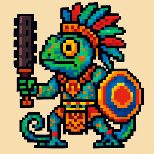 Generame un guerrero azteca con patrones, estilo pixelar, ademas sera un Camaleón de Cundinamarcahumanoide.
In-Game asset.  2d.  High contrast.  No shadows