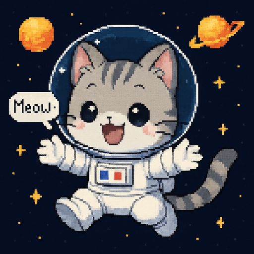 A cute gray kitten, drawn in an adorable chibi anime style and wearing an astronaut suit, floats in outer space with its little paws outstretched as if reaching out for a hug. It meows sweetly, and the entire scene is illustrated in charming Pixel Art style.