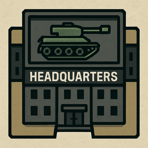 Kuş bakışı acısından bir karargah binası ve çatısımda tank resmi
In-Game asset.  2d.  High contrast.  No shadows