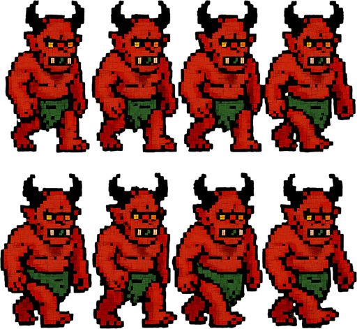 A walking sprite sheet for demonic ogre. Front perspective. Retro PC pixel. 
In-Game asset.  2d.  High contrast.  No shadows