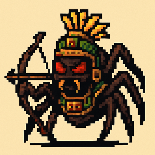 Genérame una Araña guerrero azteca con eso patrones, estilo pixelar, con una apariencia maligna, ojos rojos, rabioso. Unidad a distancia, con un arco o cerbatana. Animal.
In-Game asset.  2d.  High contrast.  No shadows