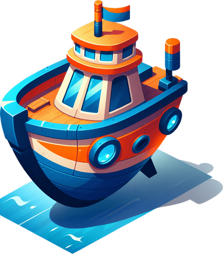 a colorful, cartoon style boat with an orange and blue color scheme. the boat has a small flag on top, round windows and a curved hull , with the BOAT text on it with bold letters. the design is vibrant, playful and optimized for a mobile game.
Single Game Texture.  In-Game asset.  2d.  Blank background.  High contrast.  No shadows