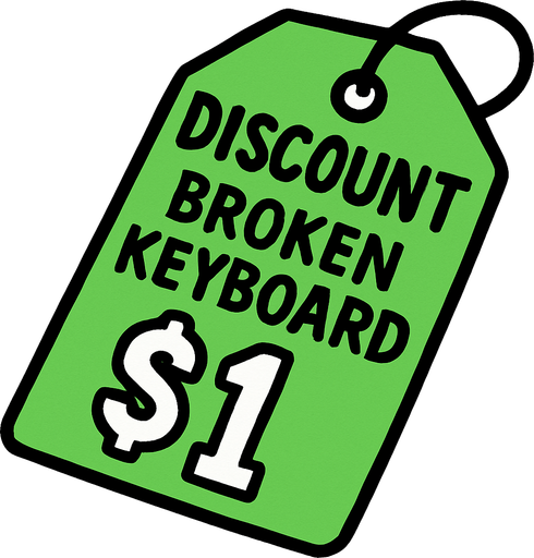 Green price tag that says discount broken keyboard $1
In-Game asset.  2d.  High contrast.  No shadows