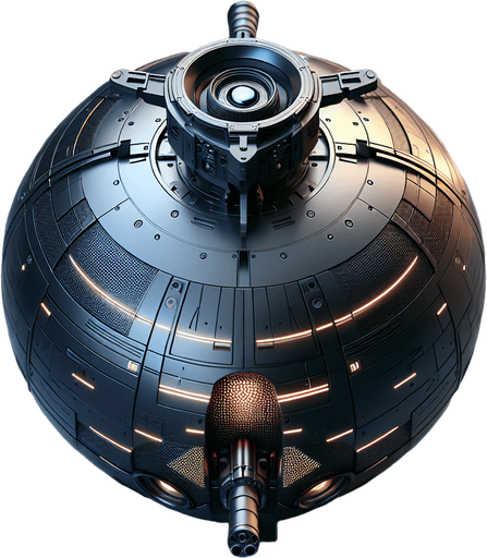 Top view (zenith view) of a simple futuristic spherical defense drone with a central top canon