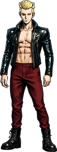 Idle animation, sleek graceful man Cyberpunk manga, facing forward idle pose shiny black leather biker jacket longsleeves shirtless Skinny abs blonde pompadour guy, action shot wine red joggers combat boots, Background removed, "Full-body character, entirely in frame, no cropping of face, head, or feet" "Complete character visible, from head to toe, fully centered in the image" "Entire character, including face and boots, fully within the frame" Character fully contained within a square frame, no edges cut off fashion model pose