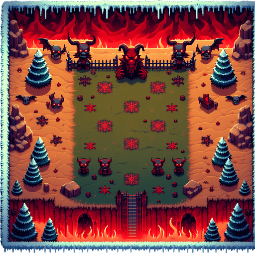 16 bit top view background of a christmas field set in hell Single Game Texture. In-Game asset. 2d. Blank background. High contrast. No shadows.