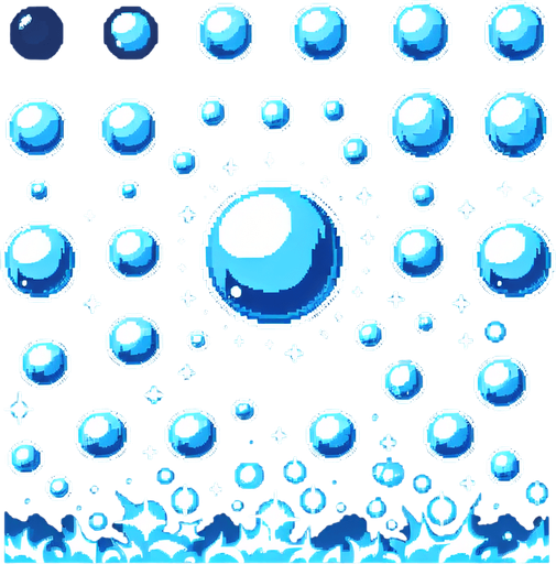 A sprite sheet of blue force field bubbles.
Single Game Texture. In-Game asset. 2d. Blank background. High contrast. No shadows.