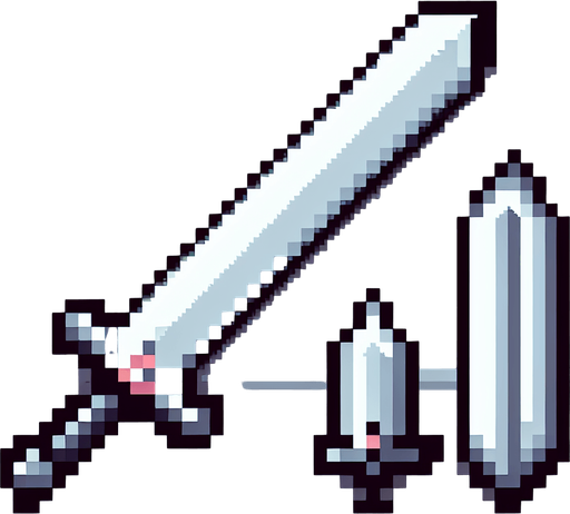 sword pixelated.
Single Game Texture. In-Game asset. 2d. Blank background. High contrast. No shadows. Indie style, low resolution