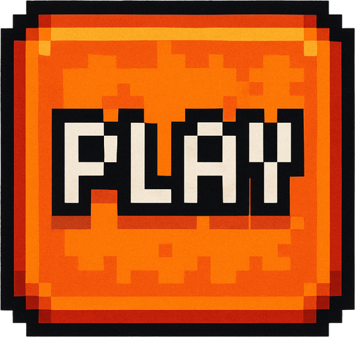 un boton cuadrado hecho con pixeles que dice play.
In-Game asset.  2d.  High contrast.  No shadows
