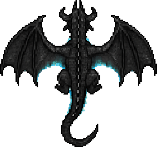 “Pixel art dragon viewed from top-down, with wide leathery wings fully spread, long tail, visible back ridges and horns. Dark grey or black scales, subtle blue flame glow under the wings and spine, menacing but organic design. Sized to carry a small goblin rider on its back. 2D video game asset, fantasy themed.”.
In-Game asset.  2d.  High contrast.  No shadows.
In-Game asset.  2d.  High contrast.  No shadows