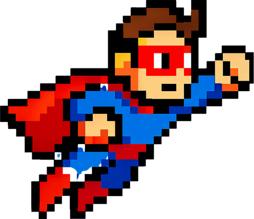 flying pixel art hero.
In-Game asset.  2d.  High contrast.  No shadows