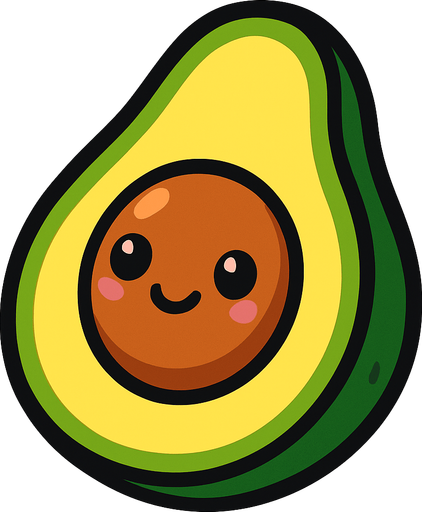 A cut in half avocado with cute face.
In-Game asset.  2d.  High contrast.  No shadows