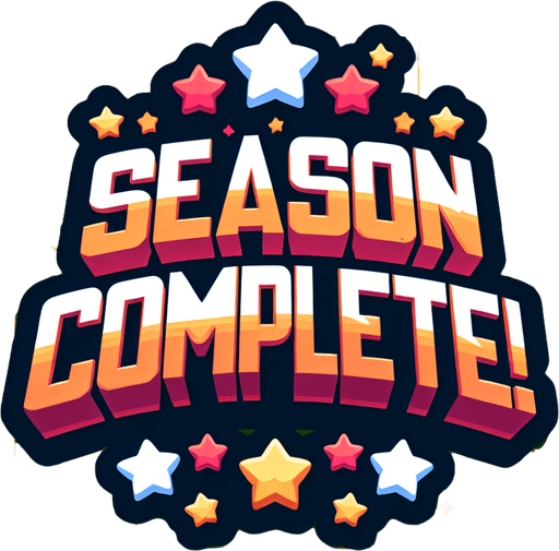 Create a SVG text design in bold cartoon style: "SEASON COMPLETE!" in chunky rounded letters with stars around it .
Single Game Texture. In-Game asset. 2d. Blank background. High contrast. No shadows.