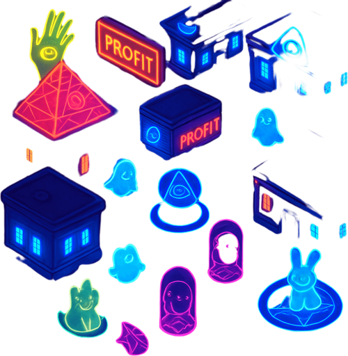 Top down isometric neon cyberpunk spooky ghost town street village town layout glowing holograms ghosts magic sigils kawaii animals