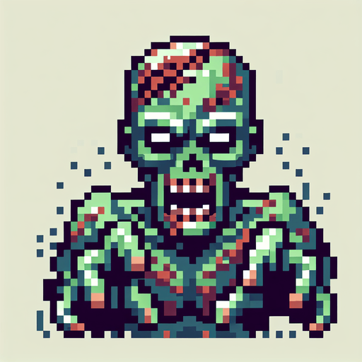 Make it a 8 bit zombie that is menacing.
Single Game Texture.  In-Game asset.  2d.  Blank background.  High contrast.  No shadows