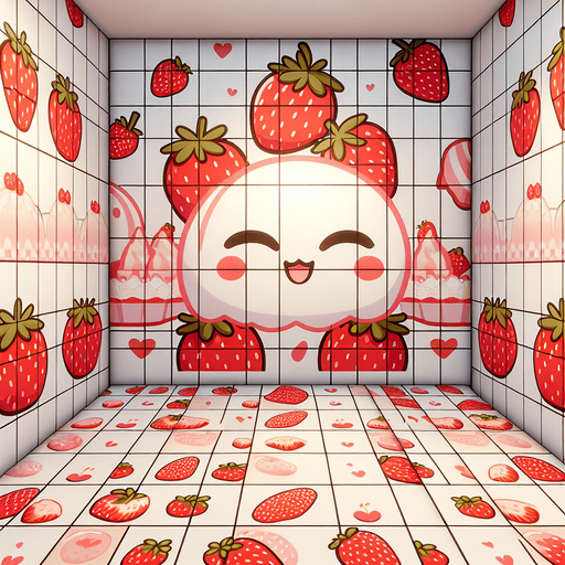 A cute kawaian bakery interior with strawberry tiles. Single Game Texture. In-Game asset. 2d. Blank background. High contrast. No shadows.