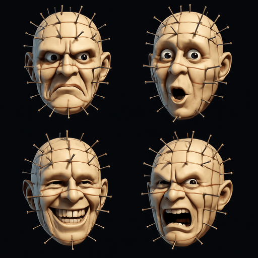 3D Scary but funny face meme "pinhead" from the movie. different faces look. only face
In-Game asset.  High contrast. 3D. No shadows. only face