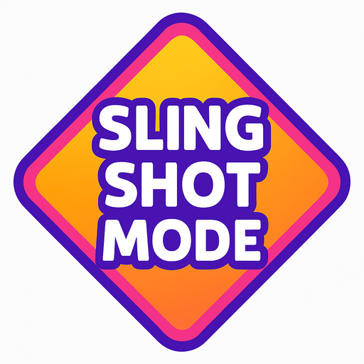 Diamond shaped colourful button that says sling shot mode.
In-Game asset.  2d.  High contrast.  No shadows